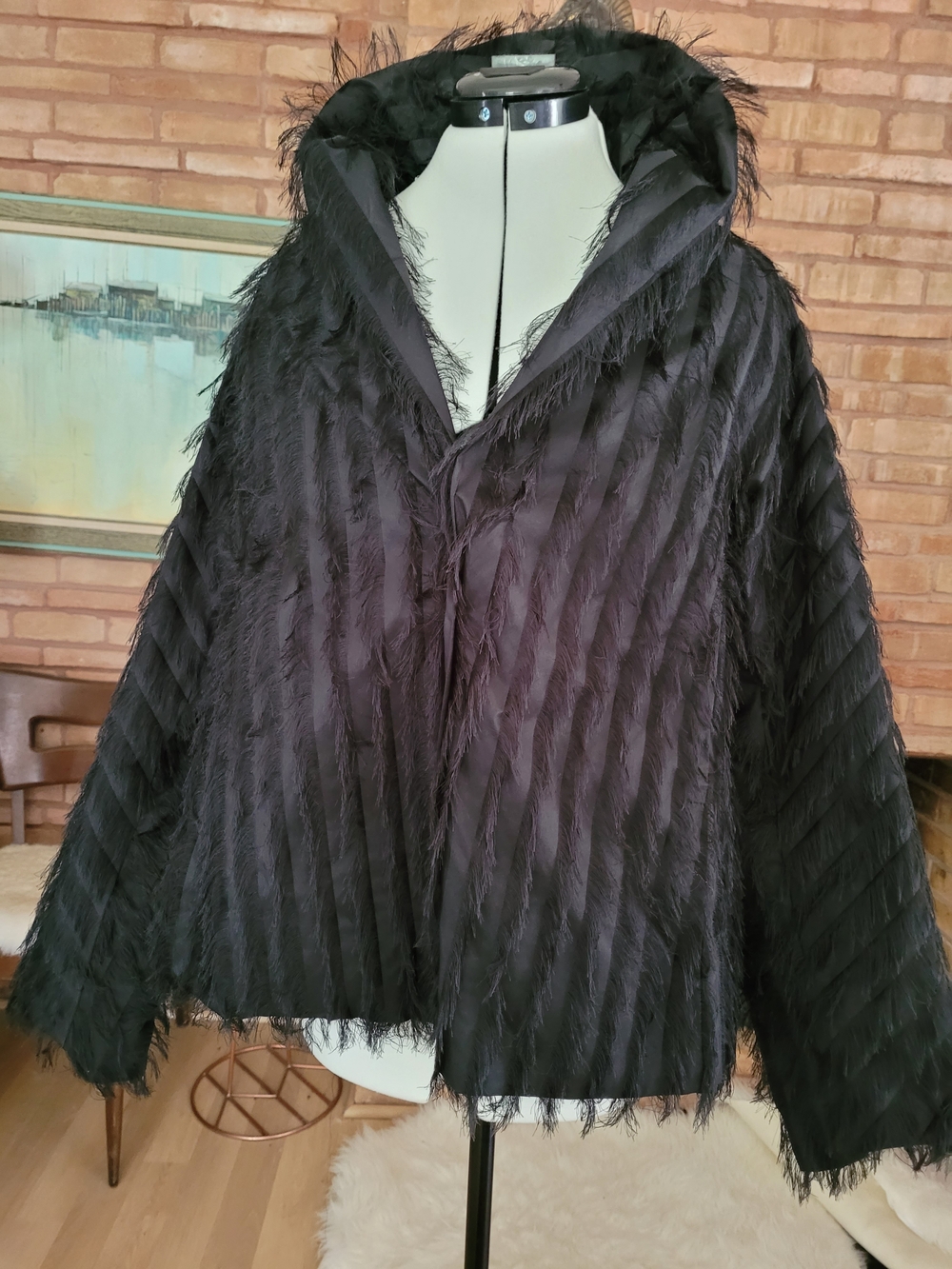 Rare Danish Designer Black Textured Fringe Cocoon Cape Coat Sz M